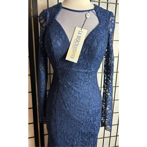 LA Merchandises Navy Sequin Deep V-neck Formal Dress - Picture 3 of 8